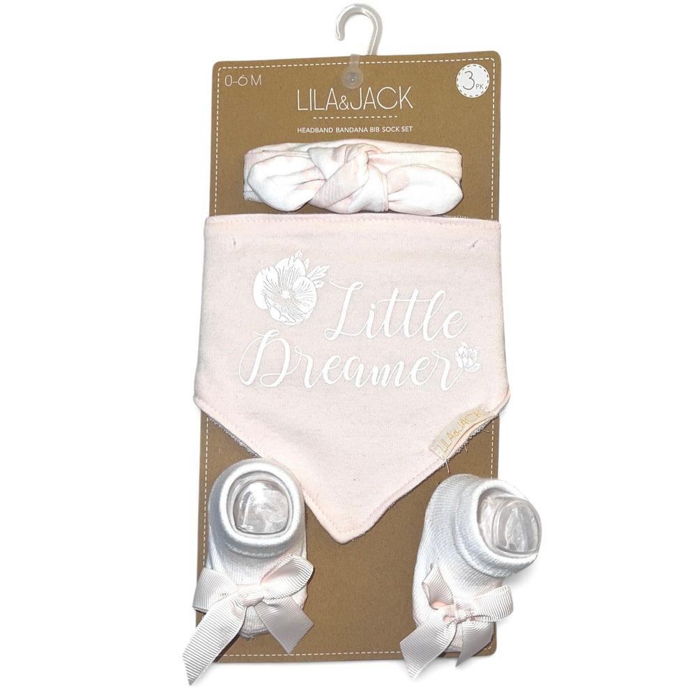 Lila & Jack Baby Girl 0-6M Headband Bandana Bib Bow Socks 3pc Little Dreamer